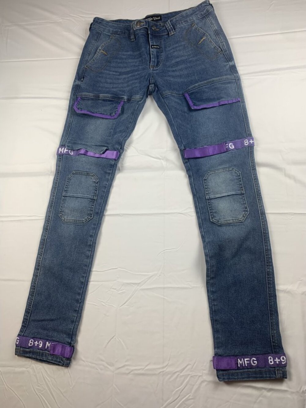 8&9 MFG Co Vintage Wash Strap Cargo Jeans Mens 30 Blue Skinny Streetwear